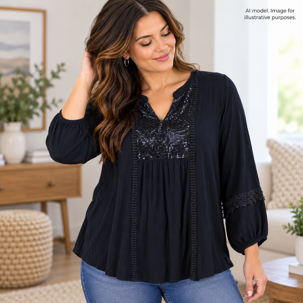 Chicos Shirt 2 Womens Large Blue Shimmer Bib Lace Gathered Popover Boho Prairie